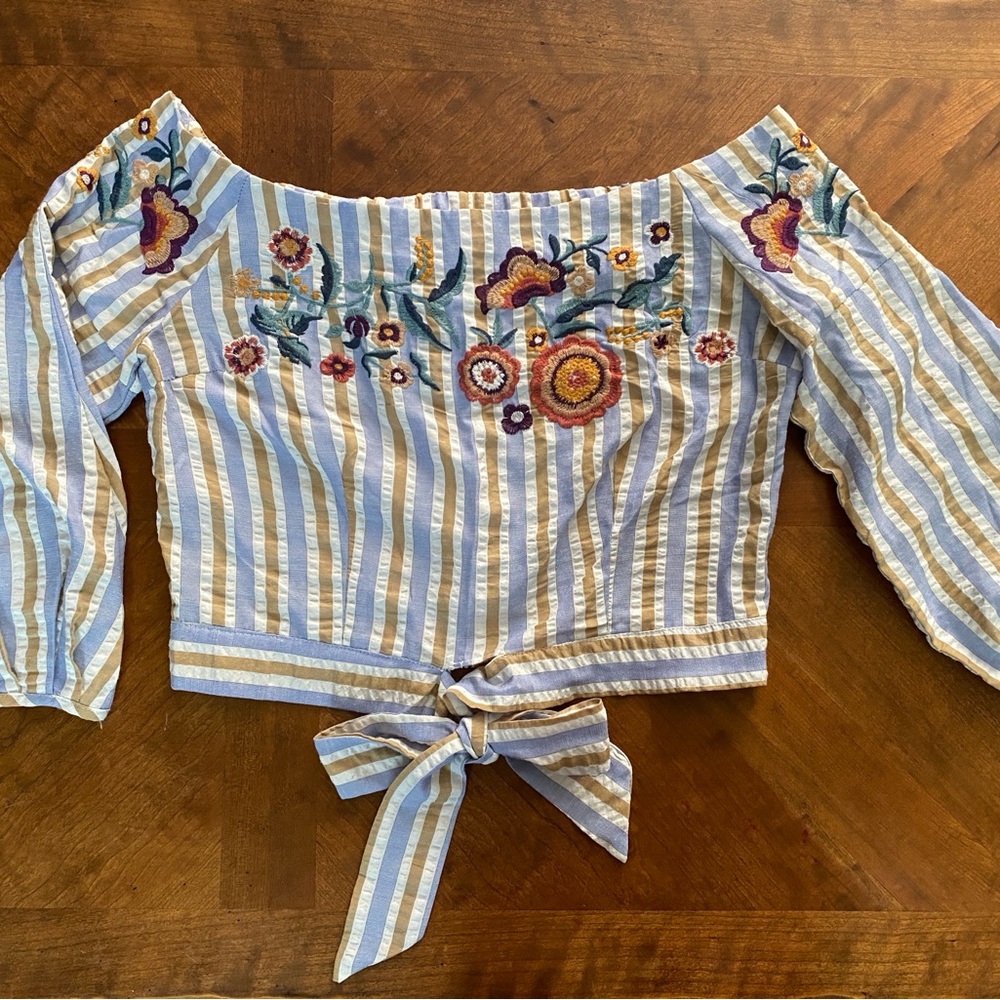 Lulumari Blue and White Floral Embroidered Off-Shoulder Top L